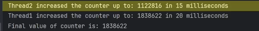 Fig-4: Race condition demo output — final counter below 2,000,000